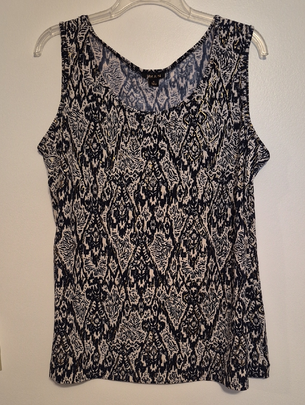 NWT Iman Navy & White Abstract Print With Metallic Gold Sleeveless Tank SZ XL